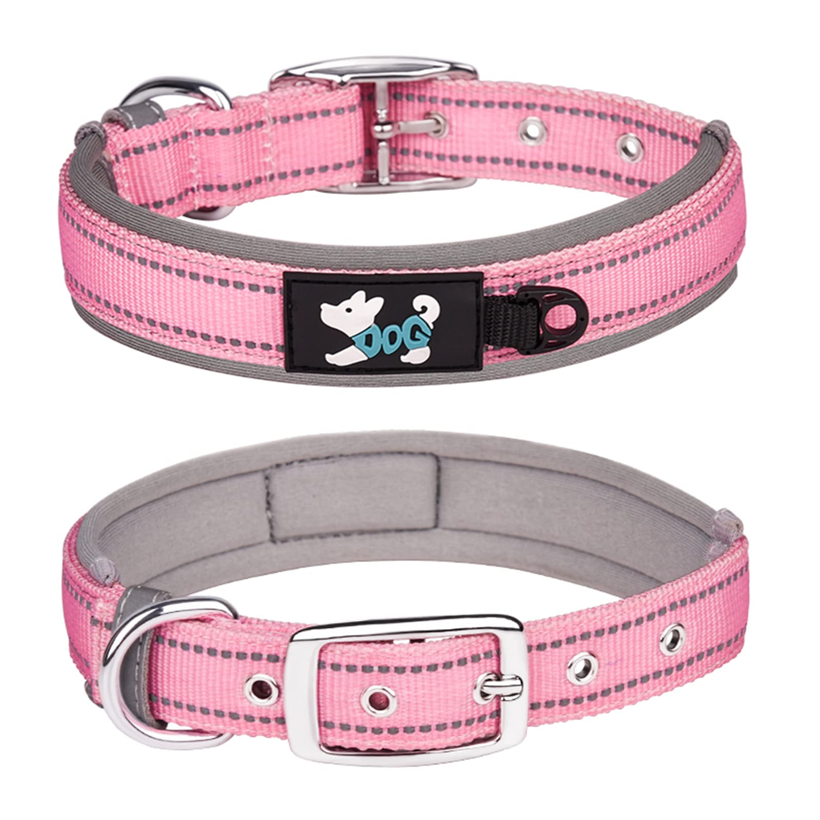 Haoyueer Comfortable Soft Neoprene Padded Dog Collar, Reflective Pet Collar, Adjustable Heavy Duty Nylon Dog Collar for All Breeds Large Dogs (XL, Pink-1)
