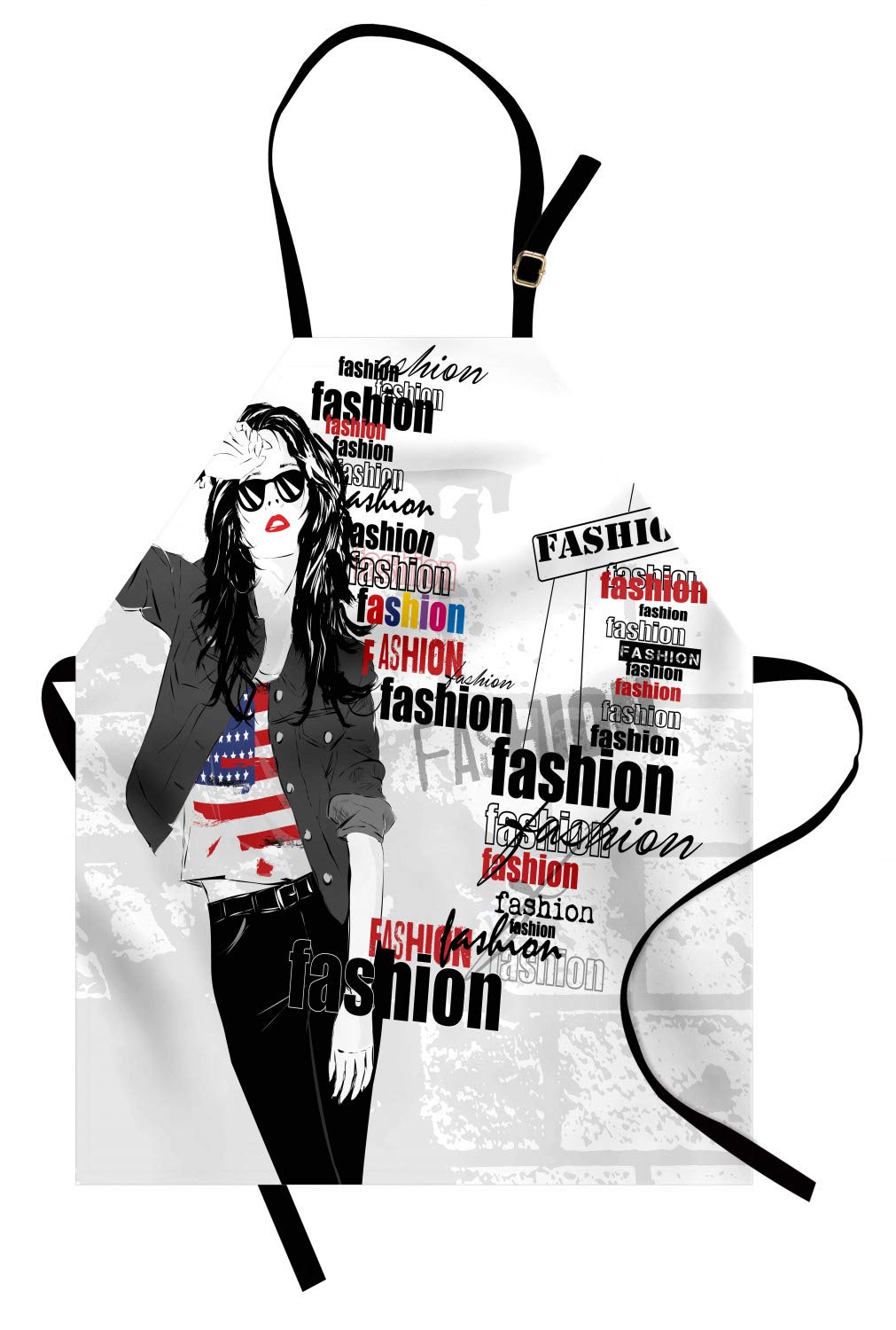 ABAKUHAUS USA Apron, A Modern Teen Girl with USA Flag T-Shirt Fashion Obsession Beauty in The Street, Unisex Kitchen Bib Apron with Adjustable Neck for Cooking Baking Gardening, White Black Red