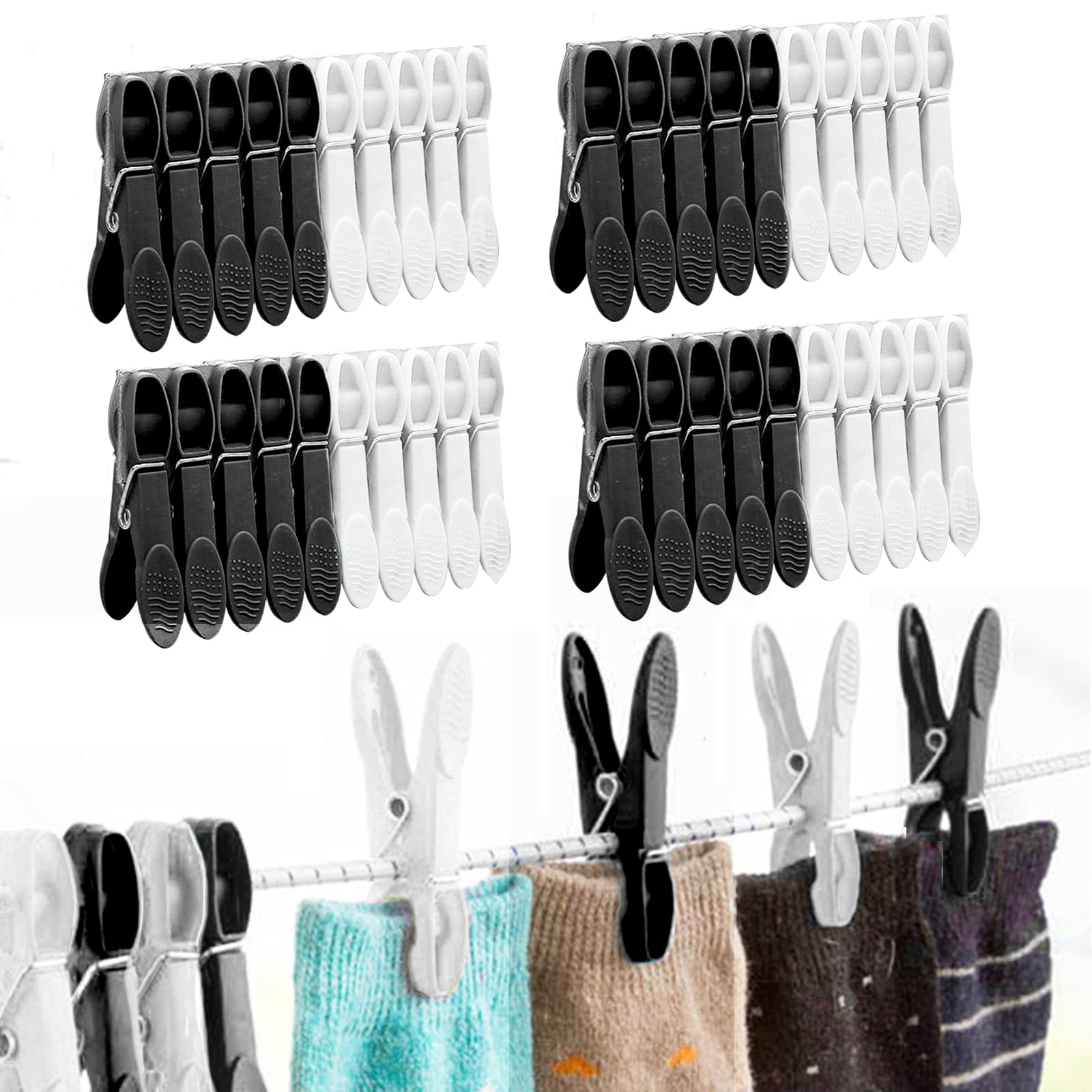 MUFEKUM 50 PCS Non Slip Laundry Clothes Pegs Washing Line, Long Lasting Reusable Washing Pegs, Strong Grip Laundry Pegs Clothes Clips Clothes, Jeans, Socks, Tea Towel & Photos (Black+White) (YJ001)