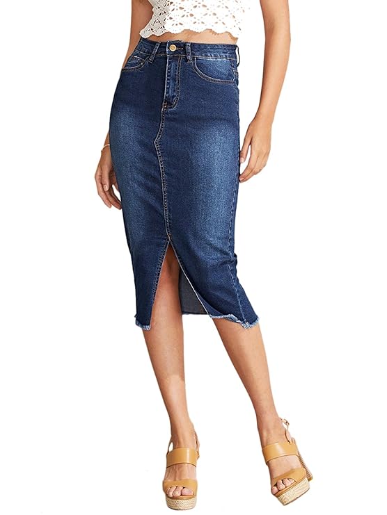 SheIn Women's Elegant Slit Hem Frayed Trim Stretchy Cotton Denim Skirt Blue best jean skirts