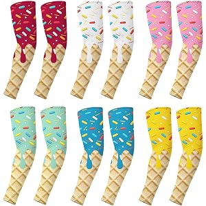 Zooyinfy Youth Baseball Arm Sleeves 6 Pack, Ice Cream Print Cooling UV Sun Protection Sleeves for Boys & Girls