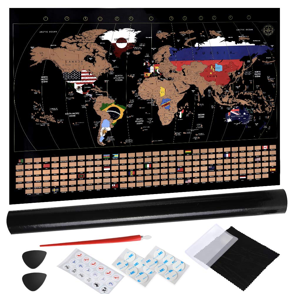 Anpro Scratch Off World Map - 80x58 Centimeter Detailed Country Flags Scratch Off Poster Map with Accessories Kit and Gift Tube for Travel Lovers