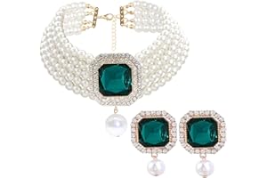 CIOOU Pearl Choker Necklace for Women Gold Crystal Rhinestone Pearl Collar Statement Necklaces Earrings Bridal Pearls Diamond jewelry Set for Wedding