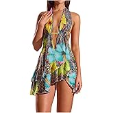 Floerns Women's Floral Leopard Halter Dress Deep V Neck Backless Ruffle Mini Dresses