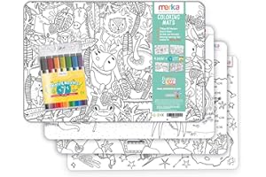 Merka 4 Pack Coloring Placemats with 7 Dry Erase Markers - Toddlers & Kids Placemats for Dining Table - Featuring Jungle, Spa