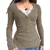 Women Ribbed Knit Lace Trim Henley Shirt Business Casual Long Sleeve Tops Vintage 80s 90s Shirts Y2K Streetwear