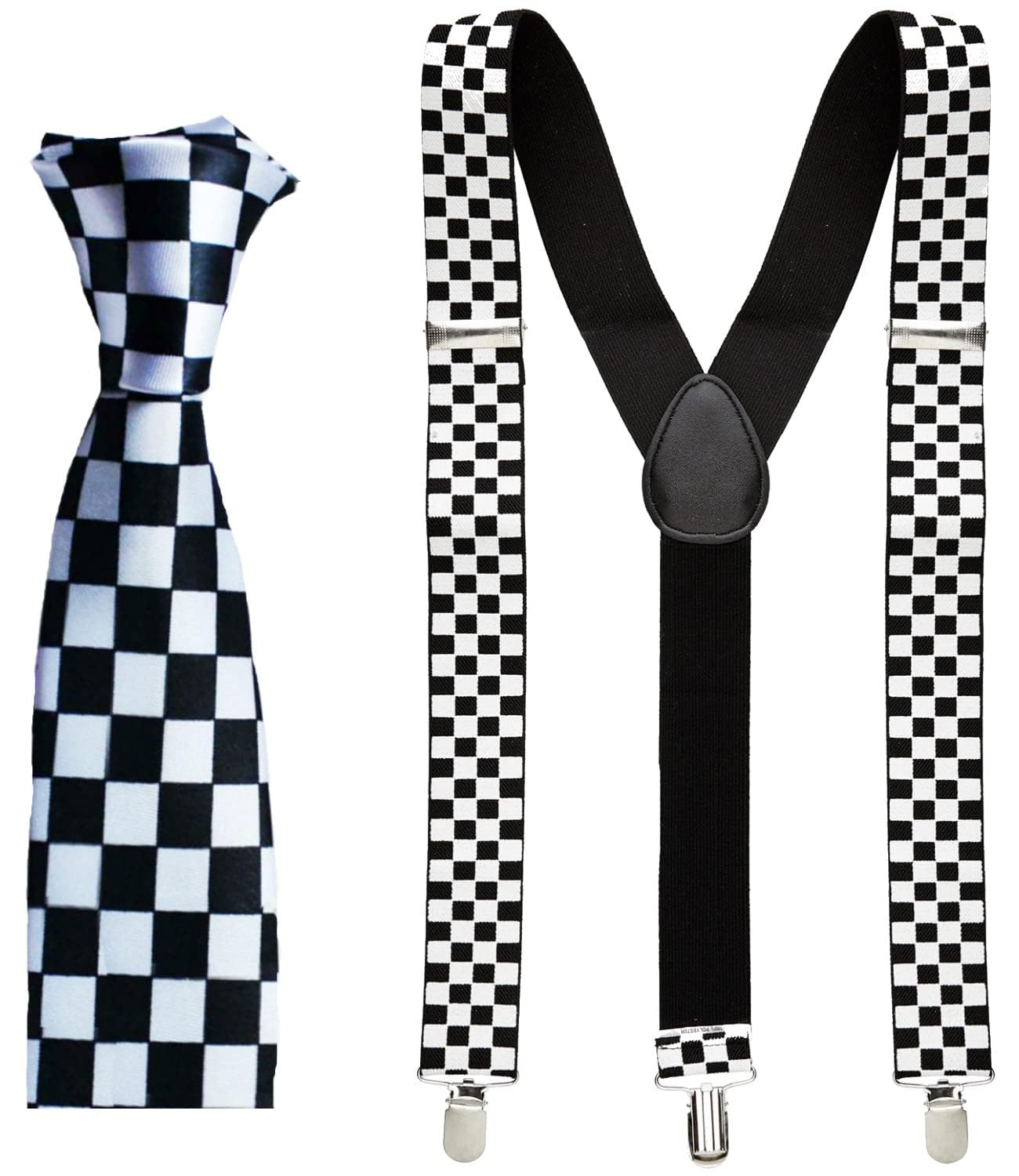 Mega_Jumble® Ska 1980's Retro Black White Chequered Braces and Tie 2 Piece Set Adult Unisex Fancy Dress