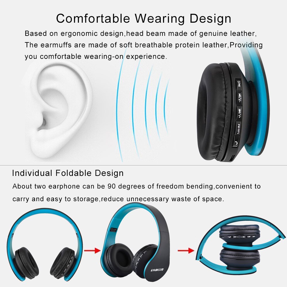 Cuffie Bluetooth LOBKIN Auricolari Stereo con Microfono Bluetooth 4.1 Pieghevole Over-Ear Senza Fili Cuffie con Microfono Ricaricabile Riduzione del Rumore Interno Supporto SD/TF Card (azul-negro)