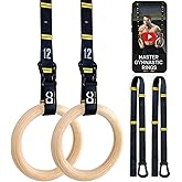 Double Circle Wood Gymnastics Rings with Quick Adjust Numbered Straps and Exercise Videos Guide - Full Body Workout Rings, Ca