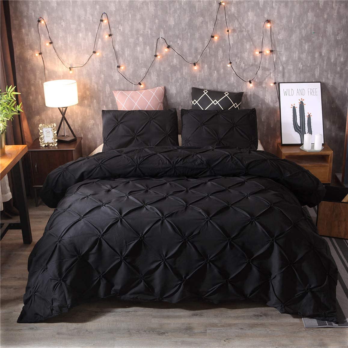 Pinch Pleated Comforter Cover Double Size Pintuck Bedding Set, Decorative Luxurious Pintuck Tufted Duvet Cover Set Solid Geometric Microfiber Bedspread Cover with 2 Pillow Shams, Zipper 3 Pcs