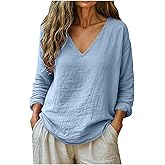 Linen Shirts for Women Spring Trendy Long Sleeve V Neck Loose Dressy Blouses Cotton Summer Beach Boho Casual Outfits
