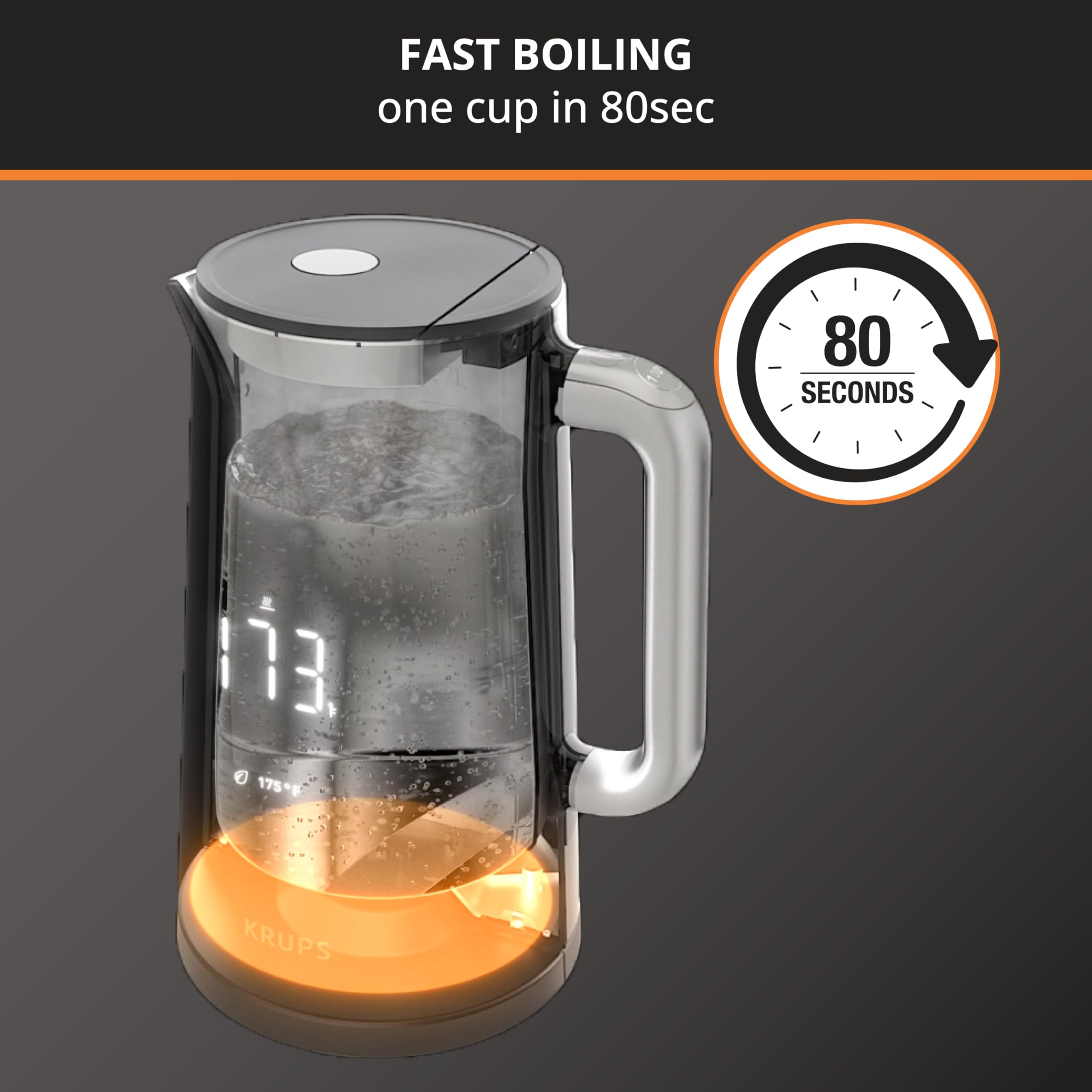 KRUPS Smart Temp Electric Kettle: 1.7L Capacity, 5 Precise Temperature Settings, Digital Display, Cool-Touch Exterior, Cordless Design for Tea and Coffee Lovers - Image 2