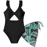 SEAUR Girls Swimsuit One Piece Cut Out Ruffle Bathing Suit Twist V Neck Swimwear with Cover Up Skirt 9-16 Years