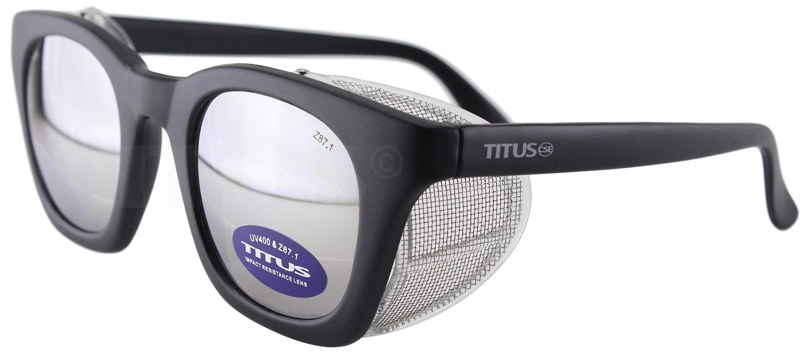 TITUS G12 Gafas de seguridad estilo retro Malla de acero inoxidable plegable suave o protector lateral del mismo color (marco negro/lente ahumada tipo espejo, solo gafas)
