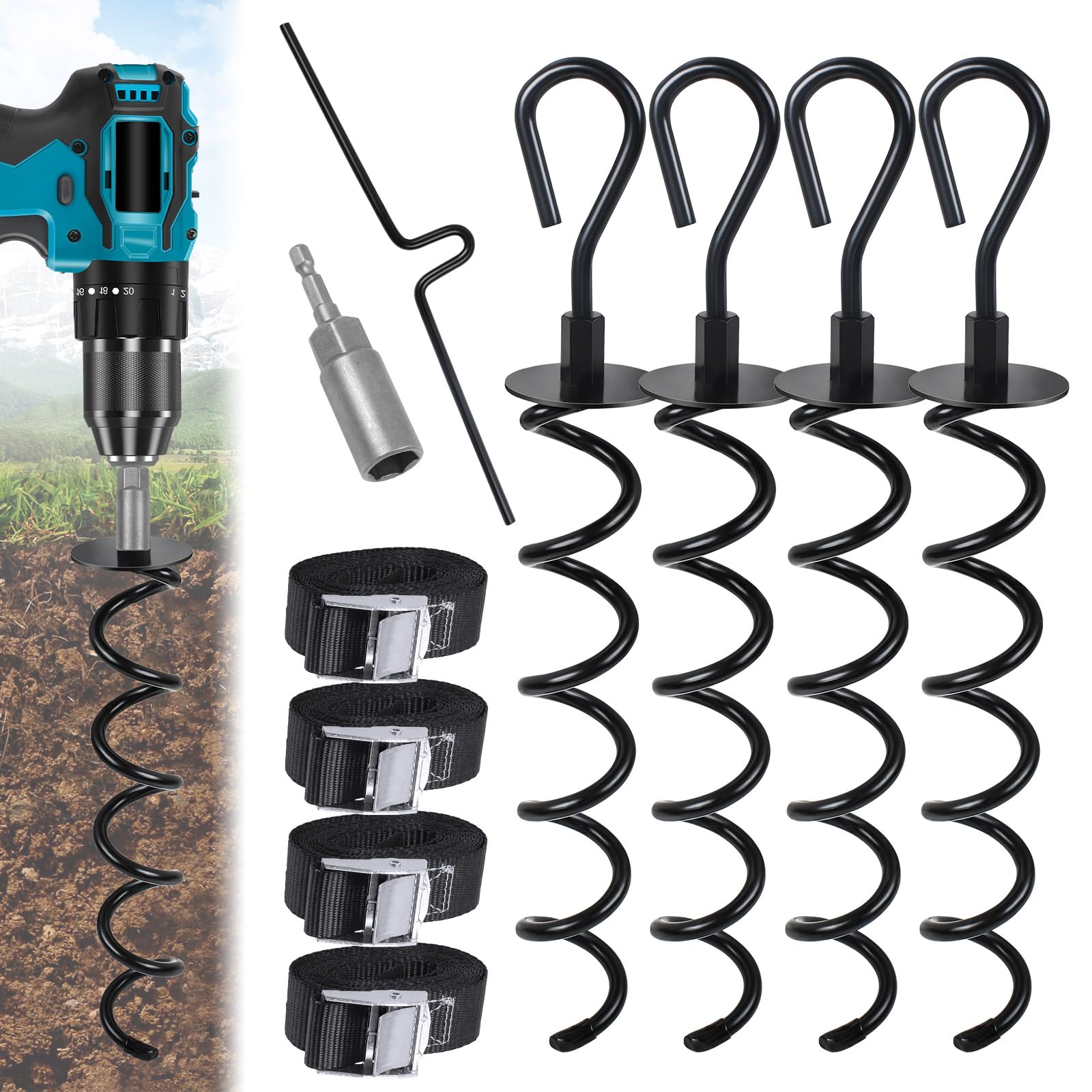 MaxEarn Heavy Duty Trampoline Ground Anchor Pegs Tie Down Kit, Steel Spiral Ground Anchors with 4 Straps, Drill Bit Adapter and Puller Tool, Metal Swing Anchor for Garden Shed, Tent