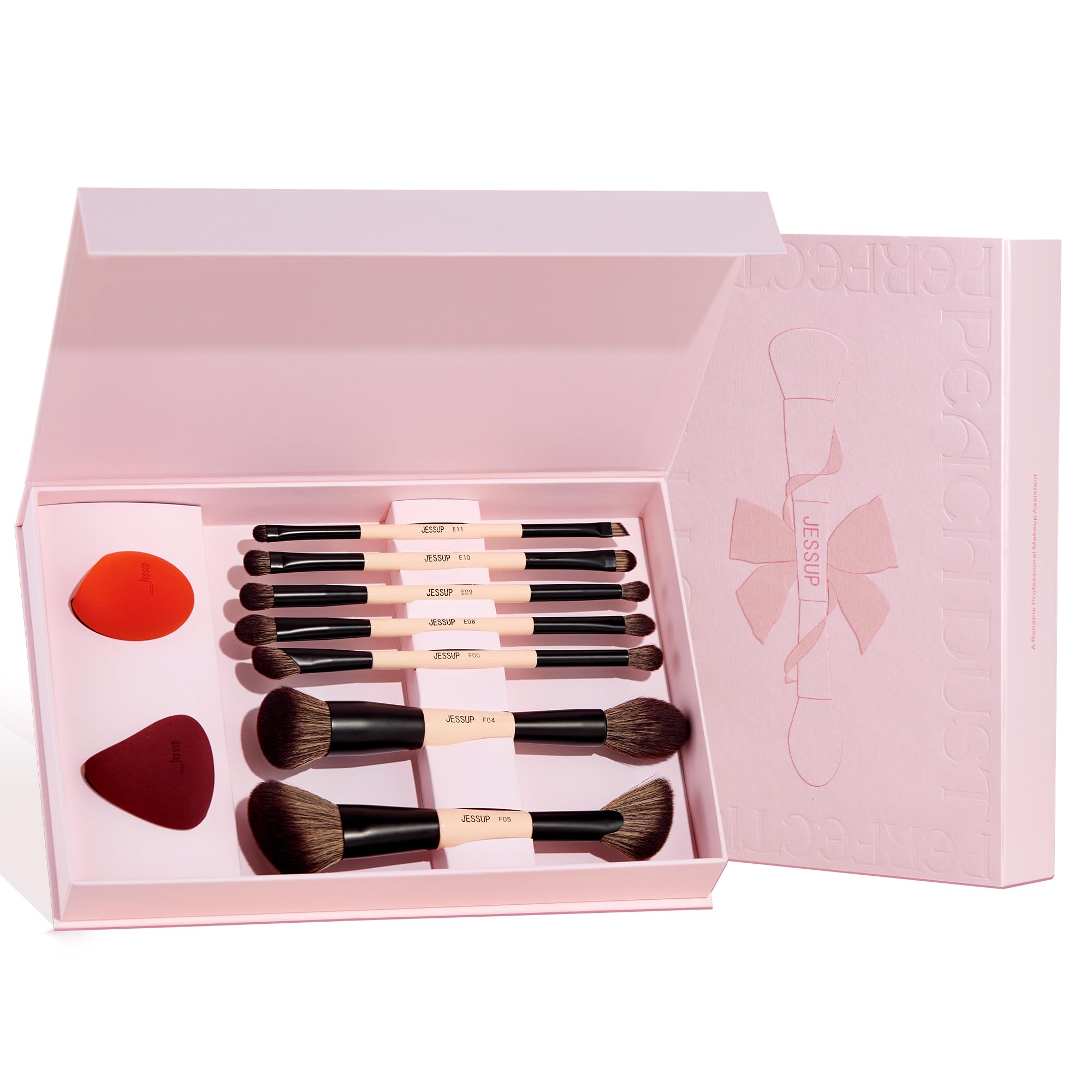 Jessup Makeup Brushes Set with Makeup Sponge, 7pcs Double Sided Makeup Brushes for Foundation Concealer Blush Eyeshadow Contour Bronzer Powder Blending Eyebrow Eyeliner with Gift Box,T506