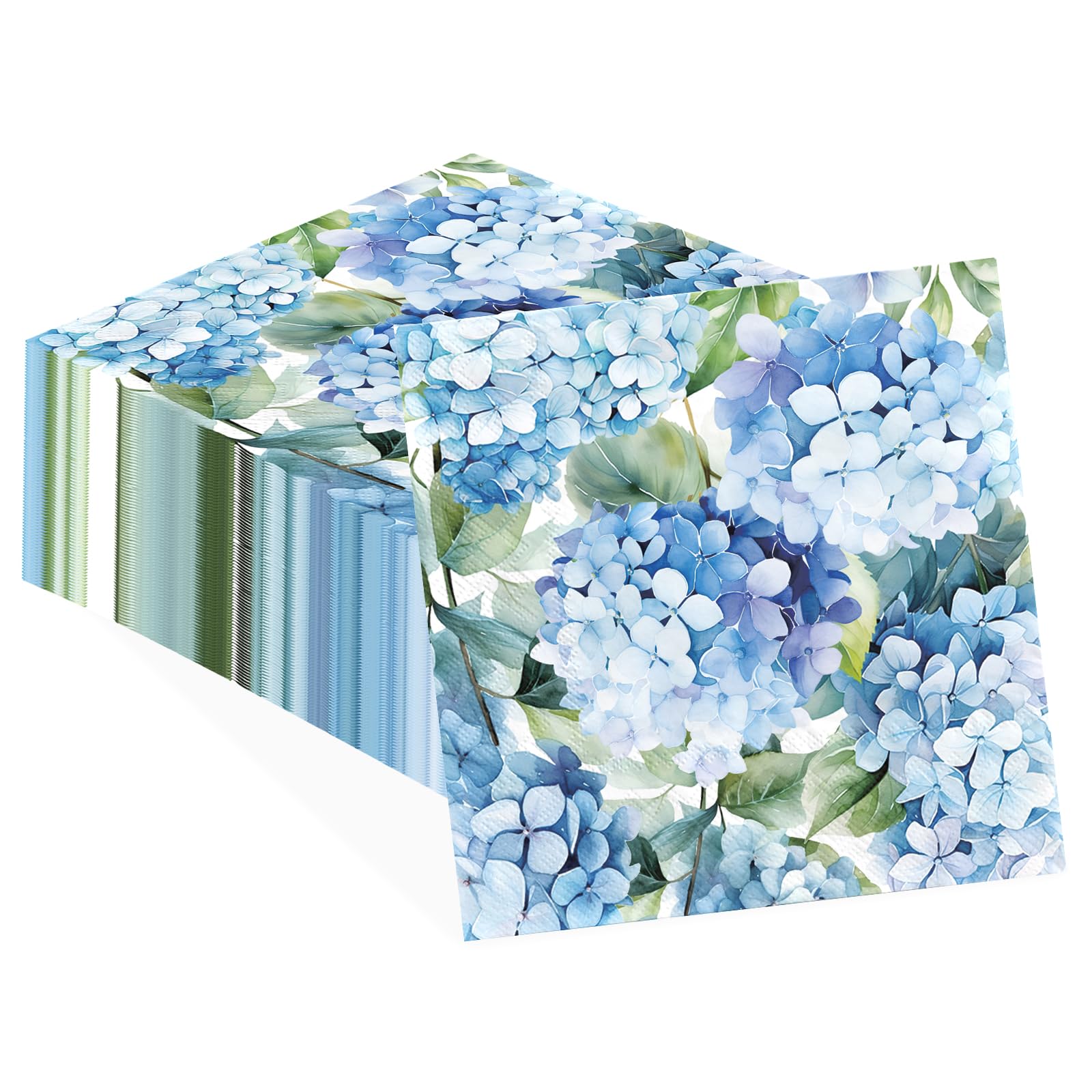Photo 1 of 100pcs Hydrangea Cocktail Beverage Paper Napkins Watercolor Blue Floral Butterfly Disposable Absorbent Hand Towels Elegant Flower Guest Decoupage Napkins for Wedding Dinner Bathroom Kitchen Supplies