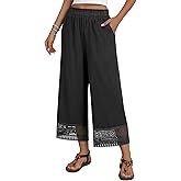 Hubery Womens Wide Leg Cropped Pants High Waisted Palazzo Summer Beach Flowy Pants Lace Hem Trousers with Pockets