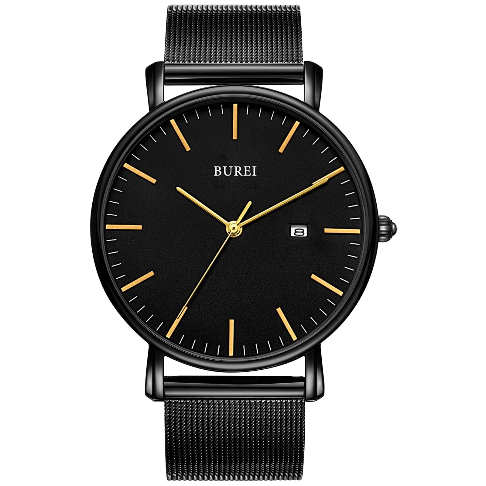 BUREI Men's Watches, Classic Analogue Dial with Date Japanese Quartz and Ultra-Thin Stainless Steel Mesh Band (Gold, Stainless Steel)
