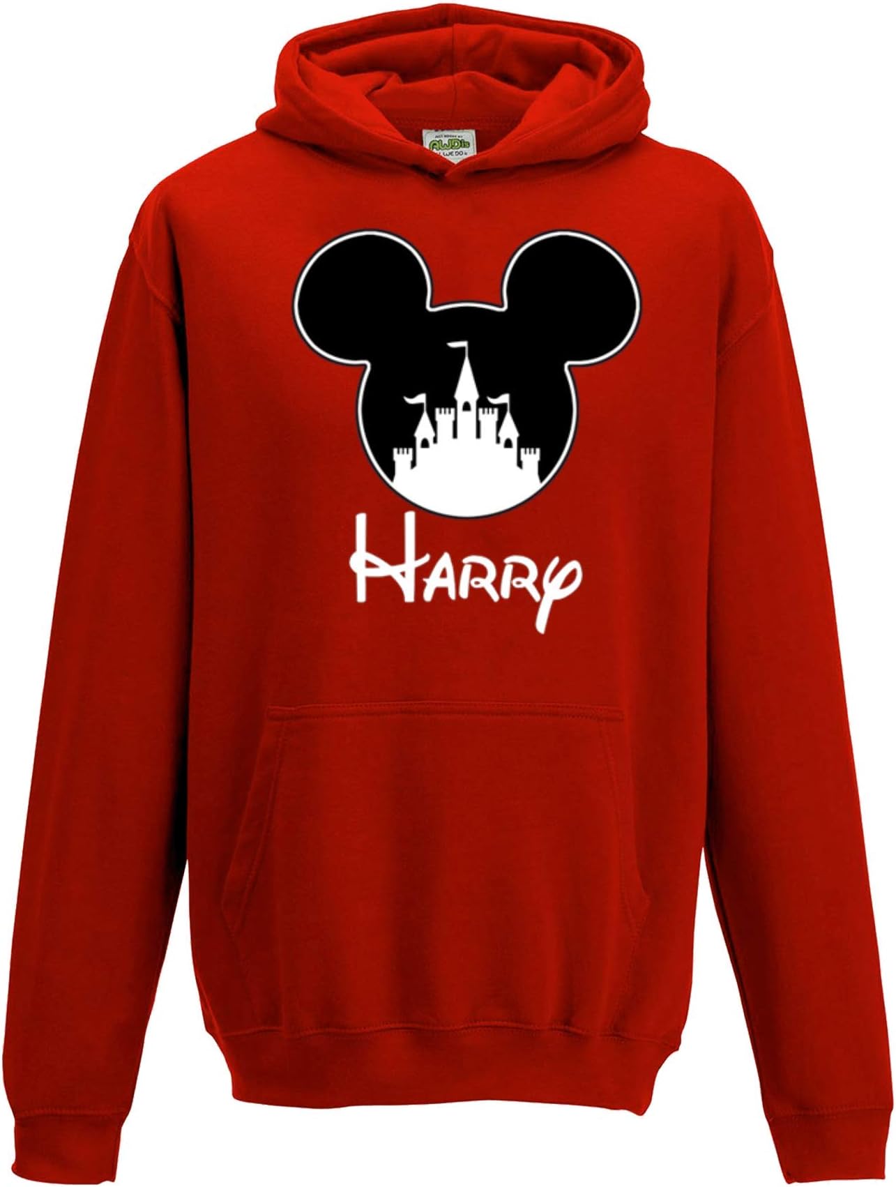 Boys Personalised Mickey Castle Hoodie - Printed in Lovely Textured Flock for Kids and Adults