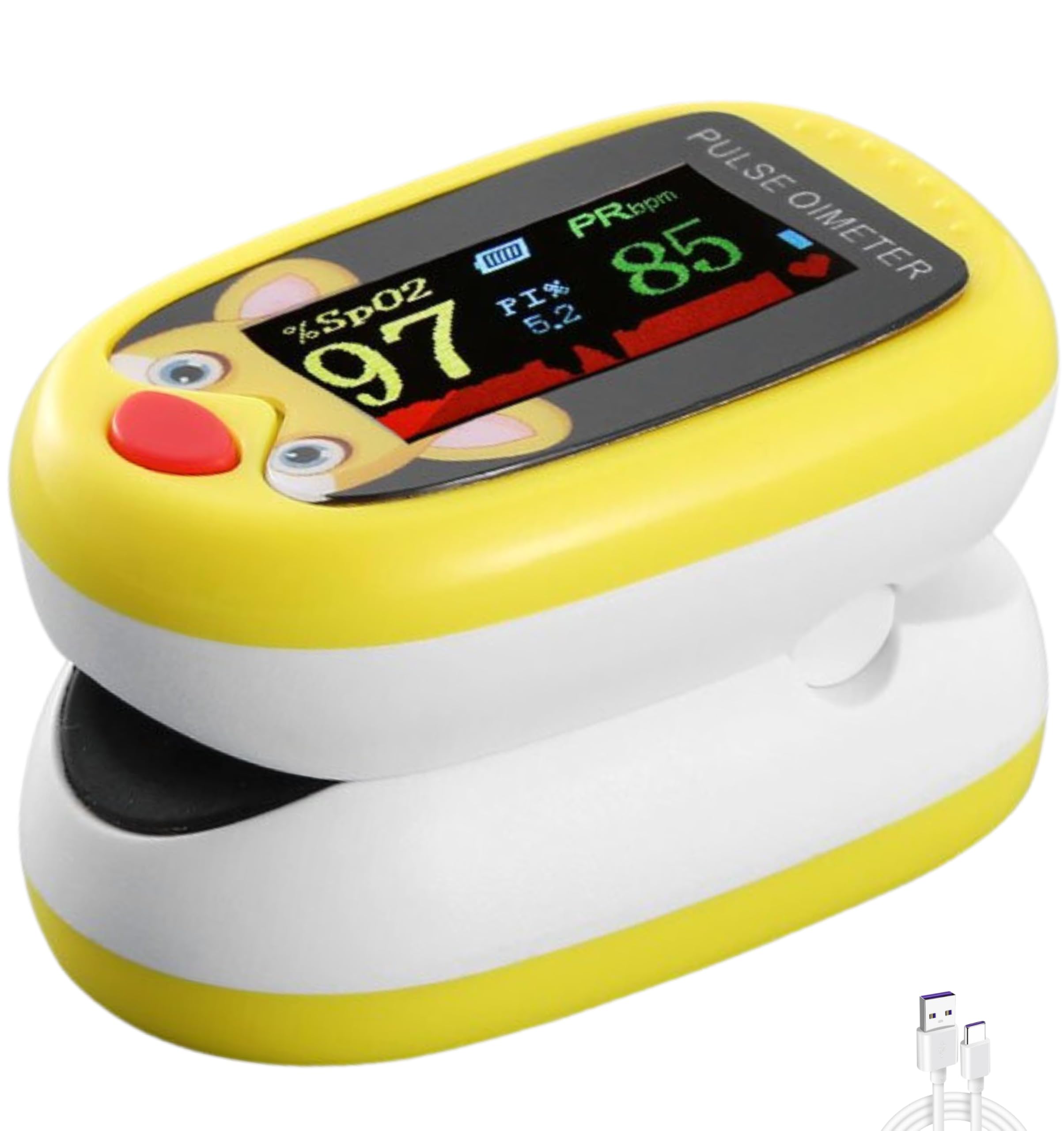 Pediatric Pulse Oximeter Heart Rate Stats Monitor Kids Finger Blood Oxygen Saturation Monitoring, Children SpO2 Levels TFT Lanyard & USB (Yellow Kids Pulse Oximeter)