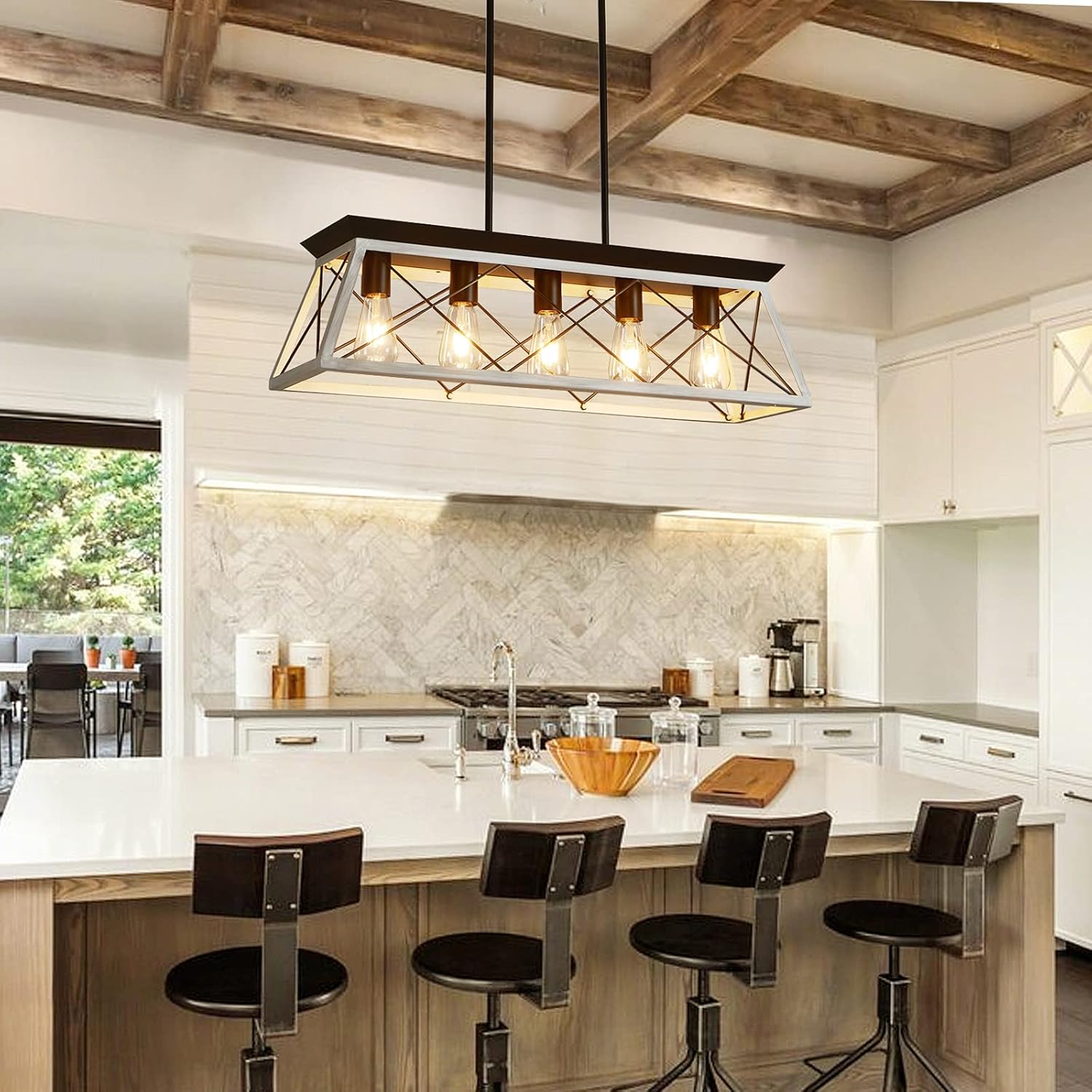 5-Light Farmhouse Kitchen Island Chandelier, Metal Linear Island Pendant Light Fixtures in White Finish for Dining, Living Room, Bar, Restaurants (White, 5-Light) - - 