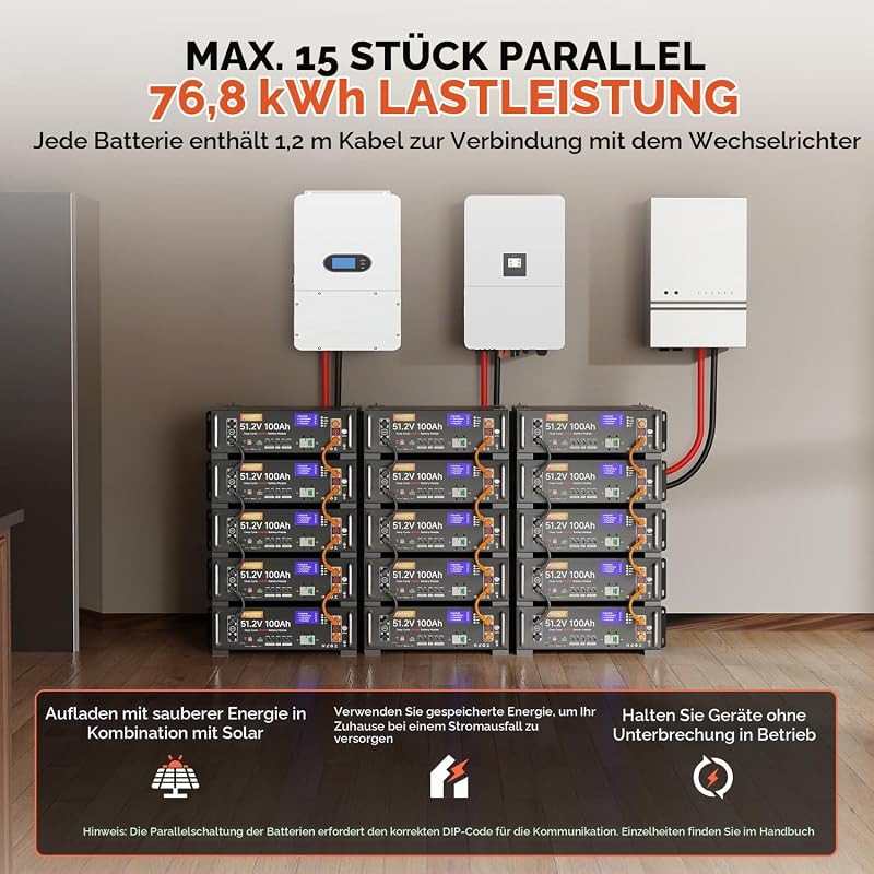 48V 100Ah Lithium LiFePO4 Solarbatterie, unterstützt Kommunikation mit Wechselrichter, integriertes 100 A BMS, max. 5120 W Ausgangsleistung, über 6000 Zyklen, ideal für Off-Grid-Systeme,