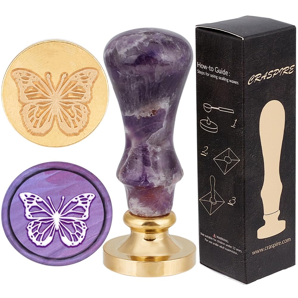 CRASPIRE Butterfly Wax Seal Stamp Animal Retro Sealing Wax Stamp Vintage 25mm Removable Brass Head with Amethyst Handle for DIY Scrapbooking Wedding Invitation Gift Wrap Xmas Eve Thanksgiving Card