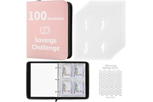 PEMOCYNY 100 Envelopes Money Saving Challenge Binder with Laminated Tracker, Money Saving Challenge Budget Binder with Cash Envelopes, Savings Challenge Book with Zipper to Save $5,050 (Pink)