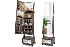 CHARMAID Rolling Jewelry Armoire with Full Length Mirror, Lockable Standing Jewelry Cabinet Organizer with Wheels & 3-Color Lights, Mirror with Jewelry Storage, Drawers & Shelves (Rustic Brown)