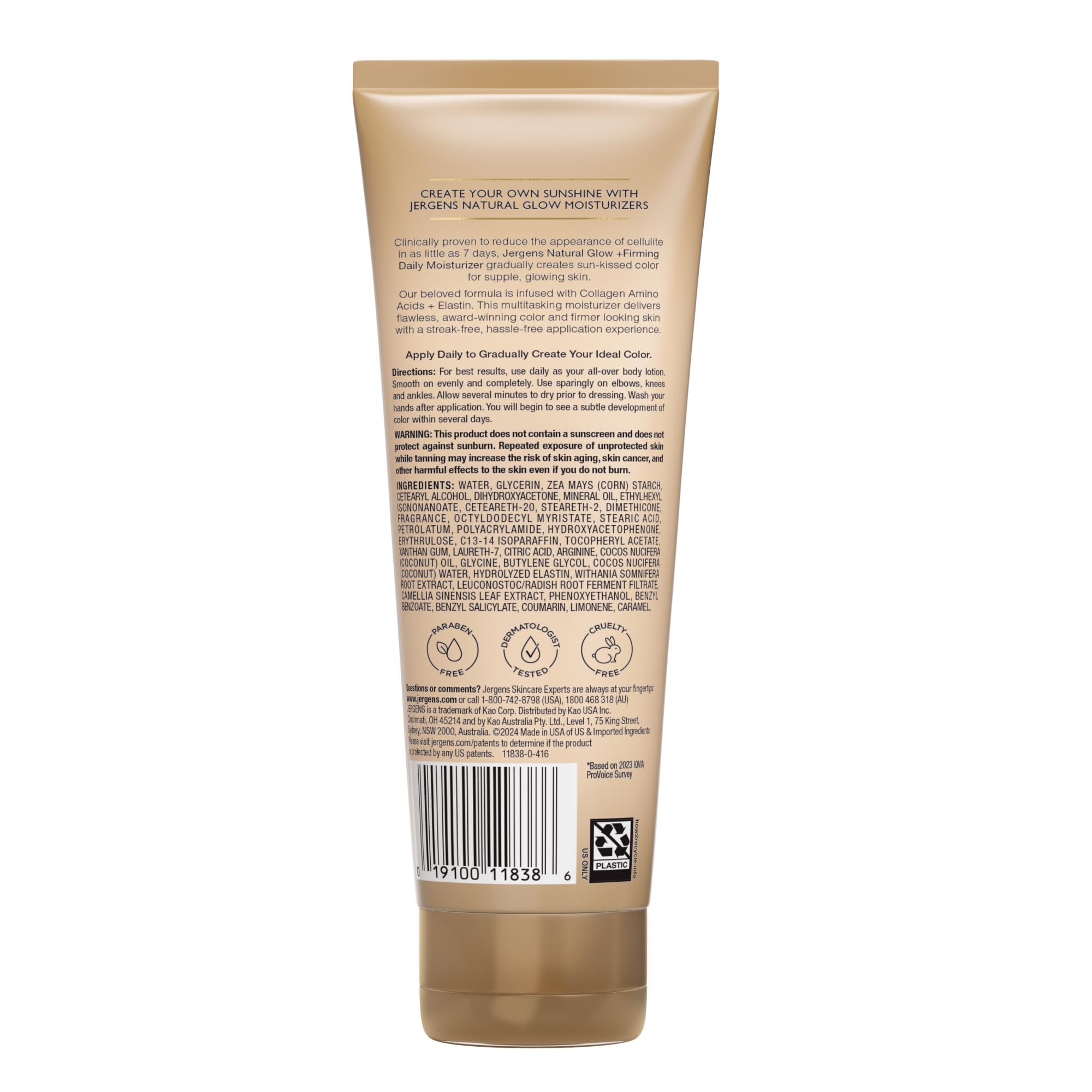 Jergens Natural Glow +Firming Self Tanner Body Lotion, Medium to Deep Skin Tone, Sunless Tanning Moisturizer with Collagen and Elastin, Helps to Visibly Reduce Cellulite, 7.5 Oz, Pack of 2