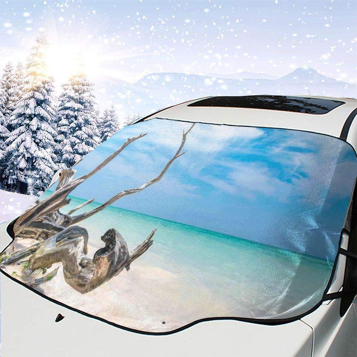 Car Front Window Windshield Snow Cover, Seascape Theme