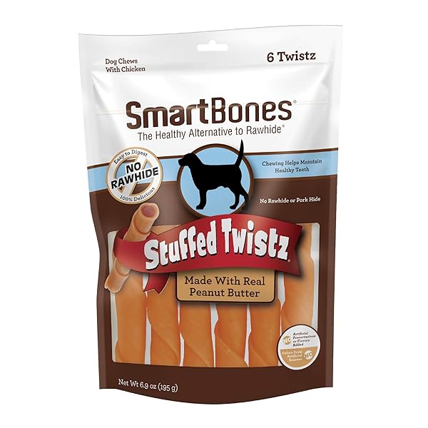 SMARTBONES STUFFED TWISTZ WITH PEANUT BUTTER 6 COUNT, RAWHIDE-FREE CHEWS FOR DOGS, NO ARTIFICIAL PRESERVATIVES OR FLAVORS ADDED (SBST-00300)