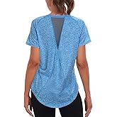 Beuwltpa Women's Long Workout Tops,Short Sleeve Dry-Fit Mesh Open Back Loose Fit Gym Athletic Running Shirts Exercise Tee