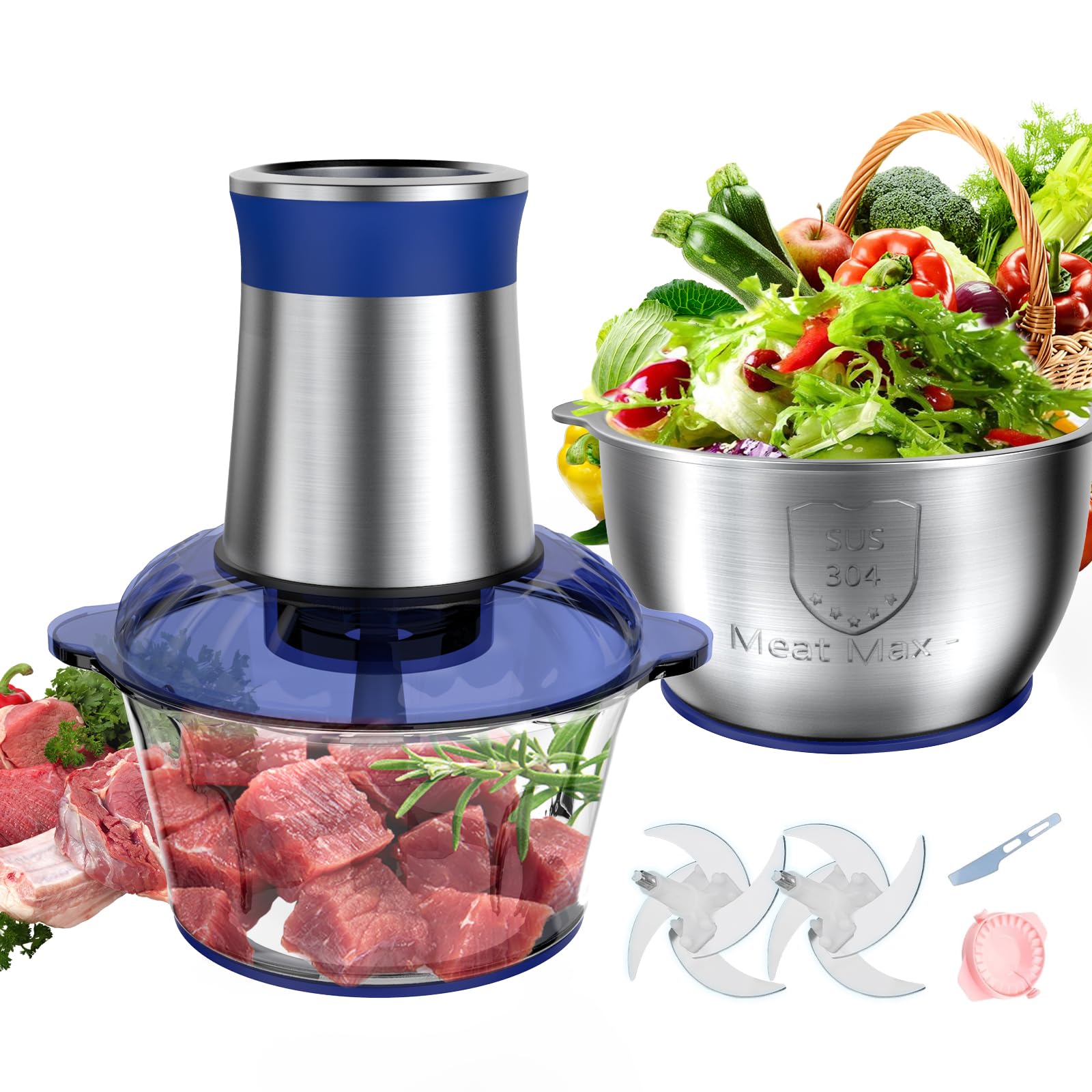 Photo 1 of ***MISSING PARTS***
EABOSON Electric Food Processor with 8 Cup+8 Cup Stainless Steel & Glass Bowls, 2 Speed Mode Meat Grinder with 2 Sets Blades, Food Chopper for Family & Baby Food, Meat, Fruit, Onion, Vegetables (Blue)