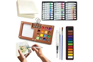 15 Grids 24 Color Mini Watercolor Travel Set And 12 Colors Watercolor Workbook With Paint Brush, Wooden Portable Pocket Palet