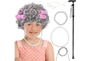 Old Lady Cosplay Costume Set - Grandmother Wig, Granny Glasses, Pearl Necklace, Bracelet, Cane for Masquerade Parties Cosplay