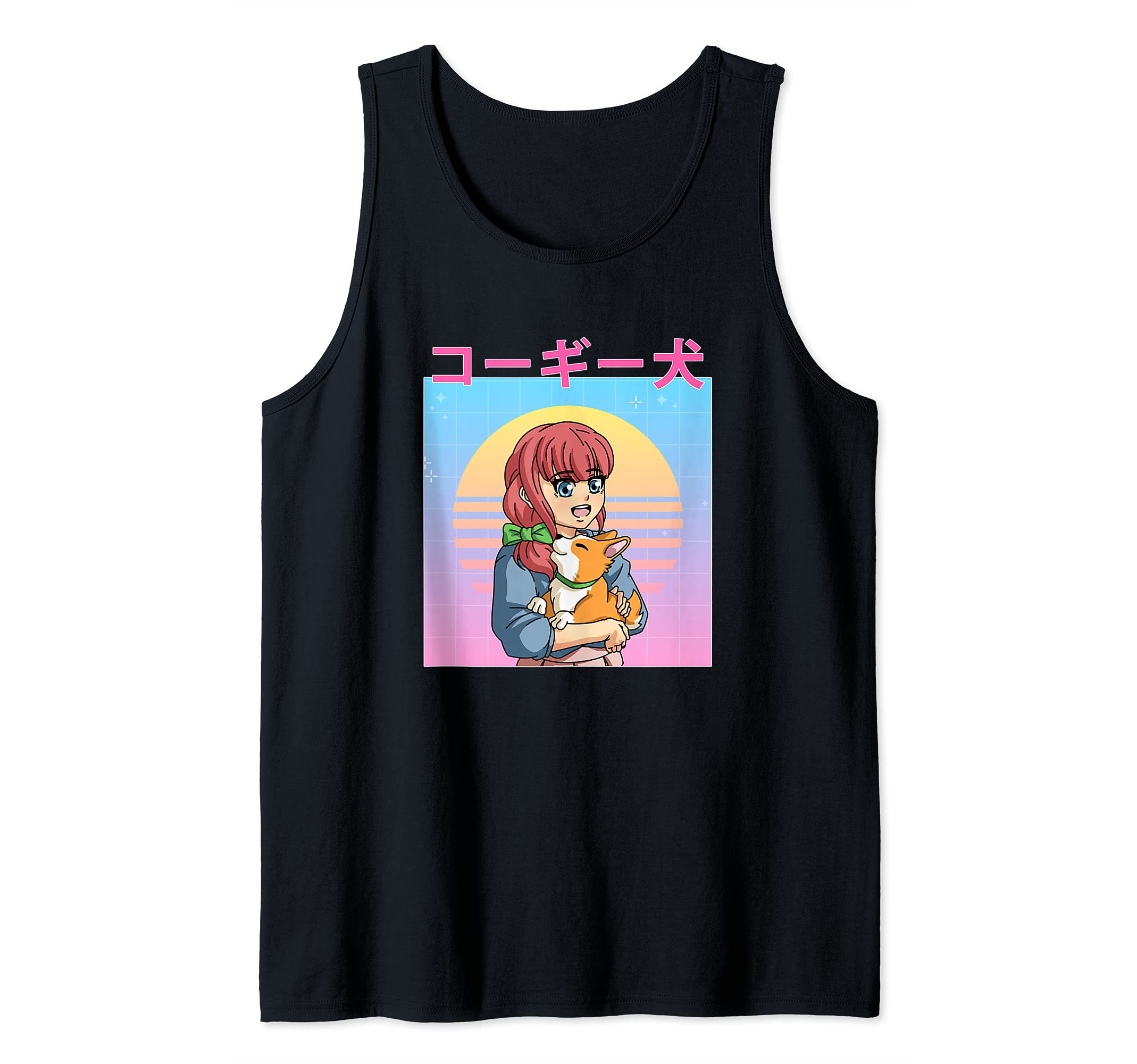 Funny Retro 90s Japanese Kawaii Anime Girl and Corgi Dog Tank Top