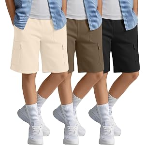 Yooo's Vivi 3 Pack Boys Cargo Sweat Shorts | 6-16Y, Youth, Kids, Big Boys, Bermuda Shorts, Elastic Waist, Pocket, Athletic an