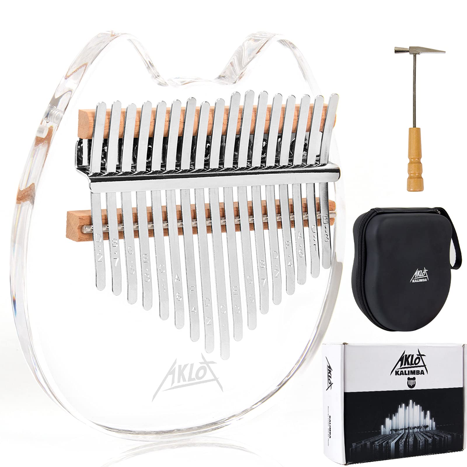 Kalimba Thumb Piano, AKLOT 17 Keys Transparent Acrylic Cat Note Carved Starter Finger Piano with Kalimba Case Tune Hammer Study Booklet Stickers Image