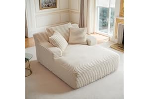 Keainvren Oversized Chaise Lounge Chair Indoor Corduroy Sofa Bed with Throw Pillows Recliner Chair Comfy Large Deep Seat Sofa Couch for Living Room, Bedroom, Apartment (White)