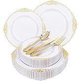 Joyido 125PCS White and Gold Plastic Plates - Gold Disposable Plates with Plastic Silverware - Vintage Disposable Dinnerware Set for 25 Guests for Parties Holiday