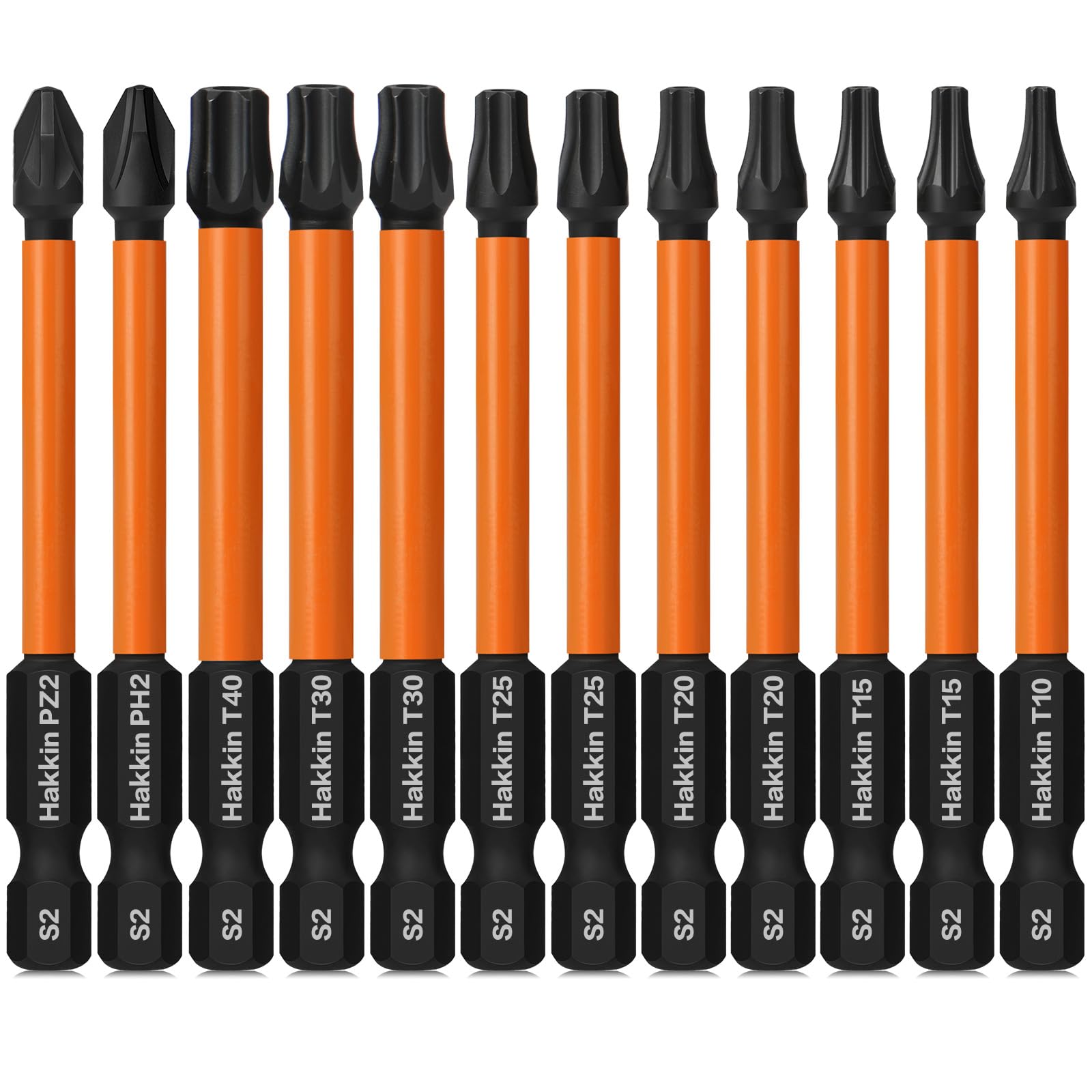 Hakkin Torx Bit Set 12Pcs Impact Drive Bits S2 Steel PZ2 PH2 Pozidriv Torx Magnetic Screwdriver Bits for Impact Drill 75mm PZ2 PH2 T10 T15 T20 T25 T30 T40
