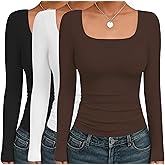 Ekouaer Womens 3 Pack Long Sleeve Shirts Square Neck Basic Tops Fitted Tee Thermal Undershirts XS-XXL