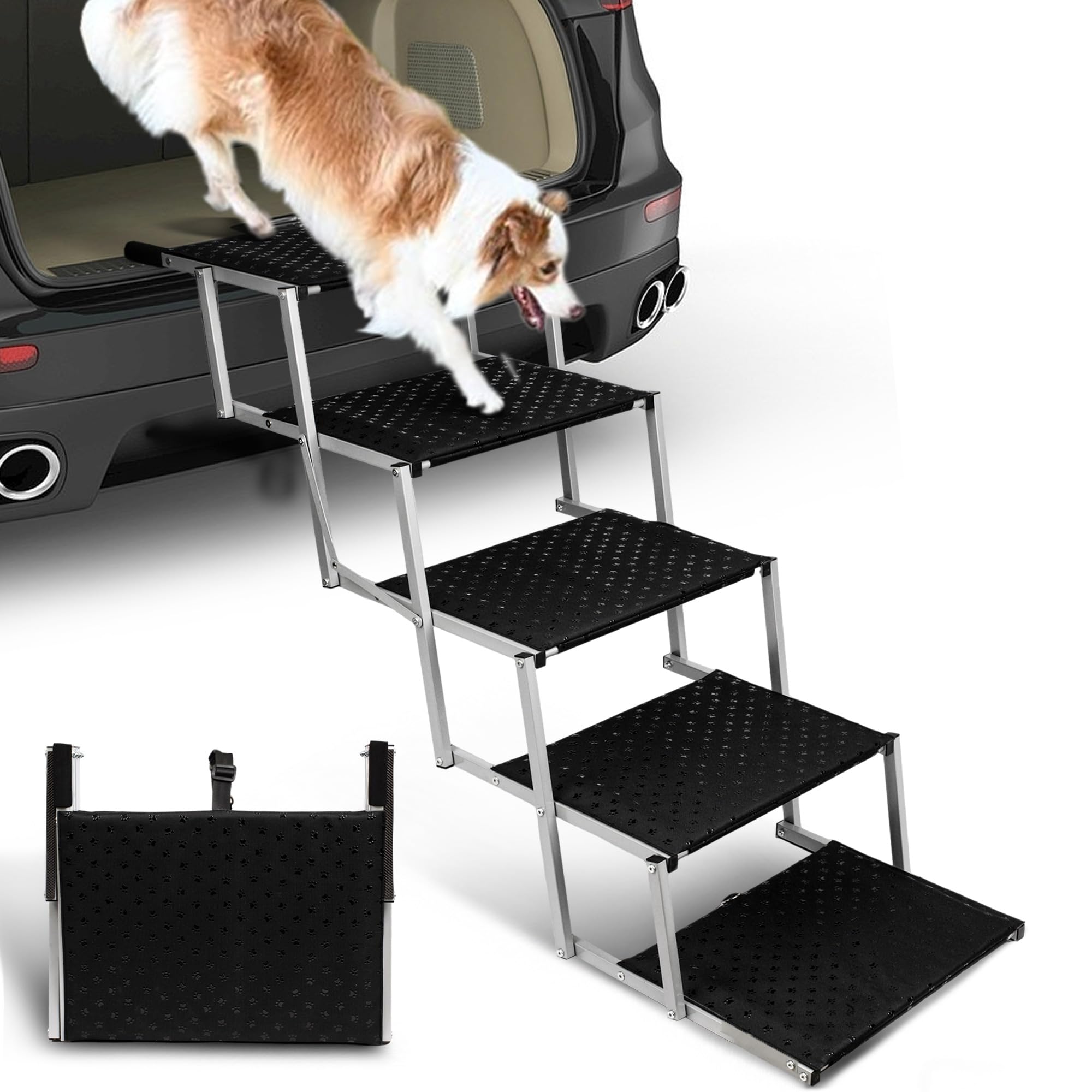 Photo 1 of Niubya Portable Folding Dog Stairs for Cars, SUVs, Trucks - Lightweight Pet Ramp for Large Dogs with Non-Slip Surface - Reinforced Steps Support Up to 200 lb, 5 Steps