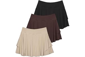 Real Essentials 3 Pack: Women's 14" Layered Ruffle Flowy Tennis Golf Skorts Pockets Pleated Mini Skirt Athletic Liner Shorts