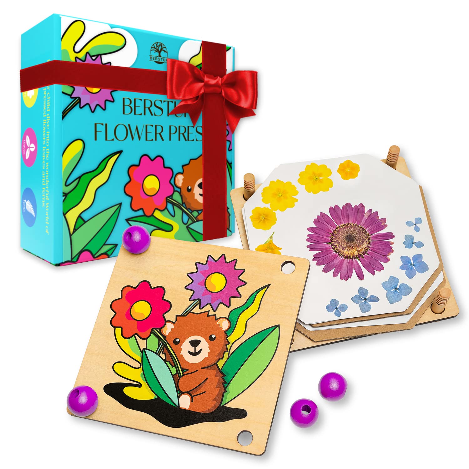 Berstuk Wooden Flower Press for Children (Bear) - Our Boys and Girls Flower Press Kit Measures 18cm x 18cm - Ideal Form of Arts and Crafts for Kids to Help Them Focus and Get Creative