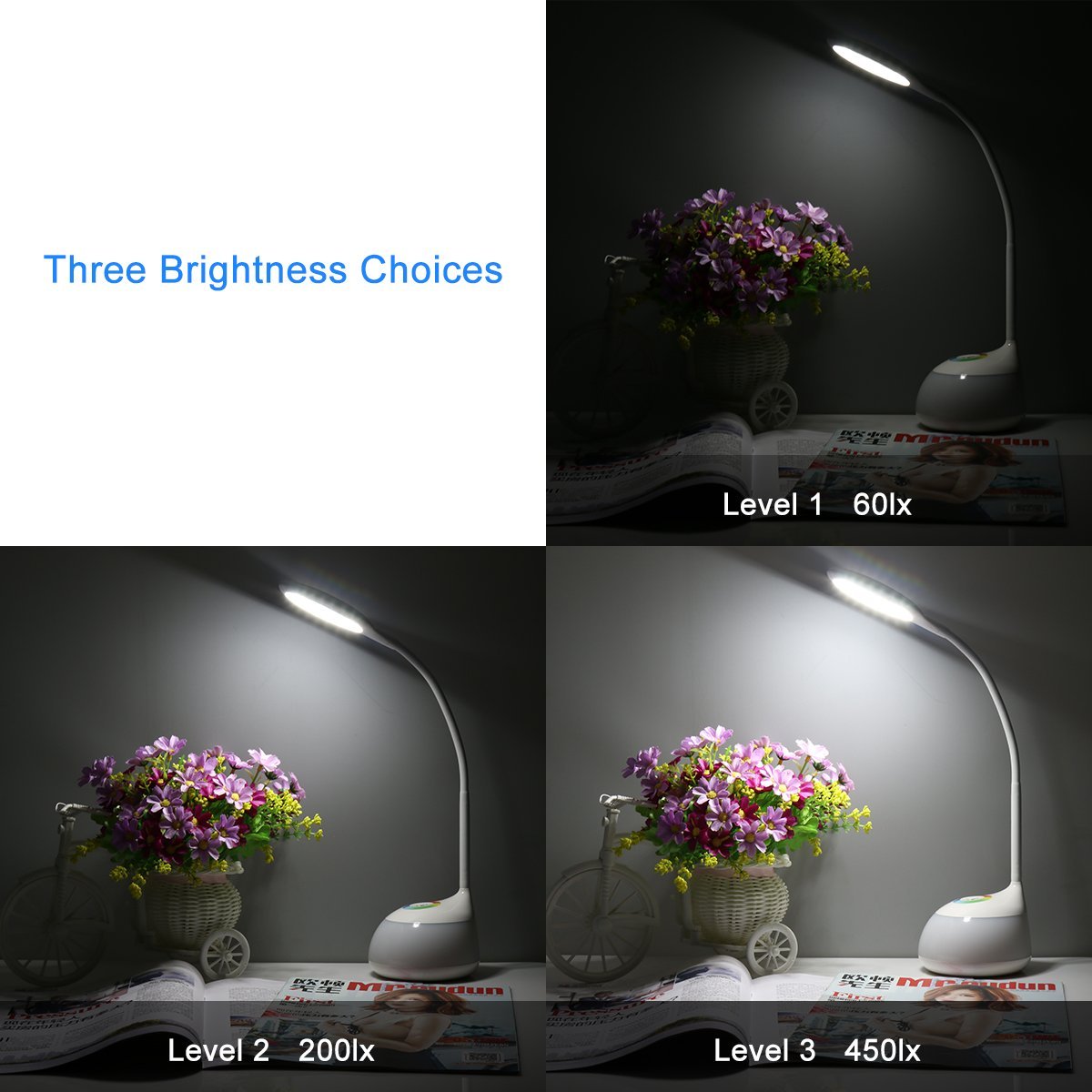 HIHIGOU Adjustable USB Rechargeable 3 Level Dimmable LED Desk Table Lamp Light with Living Color Changeable Base Touch Switch Portable and Flexible Bedside Reading Study Office Kids Student Lamp,White