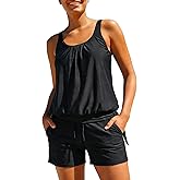 Blouson Tankini Swimsuit with Shorts - Womens Two Piece with Pockets Tummy Control Bathing Suit Modest Swimwear 2025