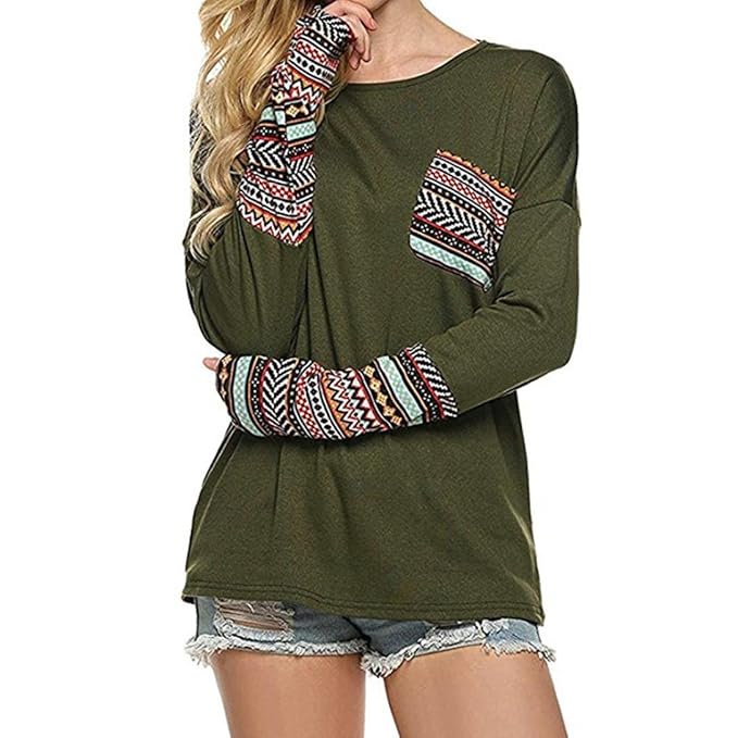 OVERDOSE Mokingtop Damen Floral Splice Printing Rundhals Pullover Bluse Tops T-Shirt